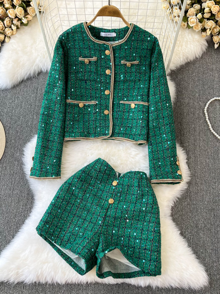 Winter Clothing Kit - 여성용 체크 무늬 스팽글 트위드 재킷