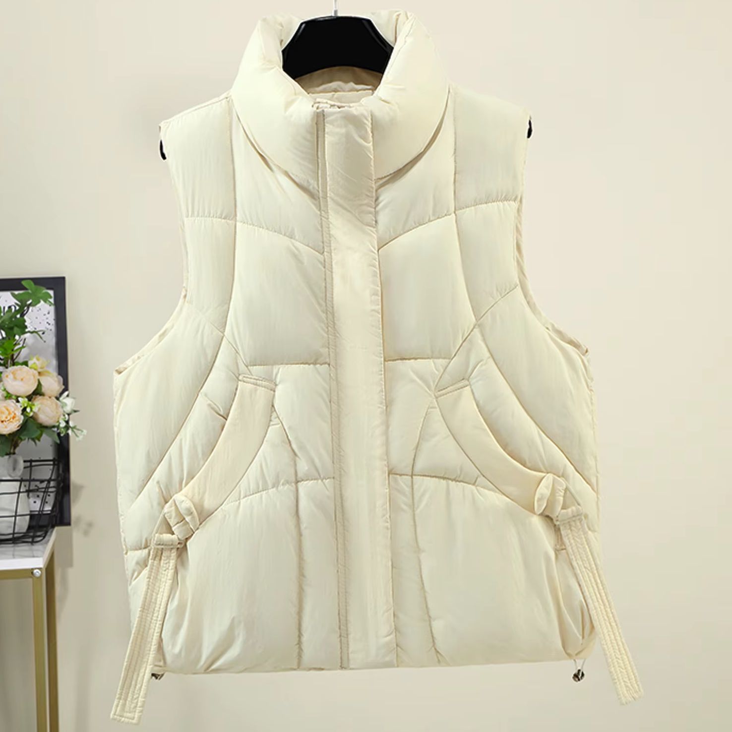 Padded Vest Gilet - 여성 하이 스탠드 칼라 퀼트 패딩