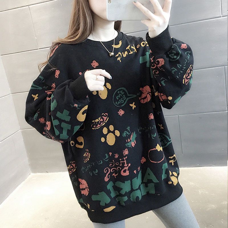 Winter Clothing Essentials For Women - 캐주얼 프린트 루즈핏 여성 스웨트셔츠 Y2K