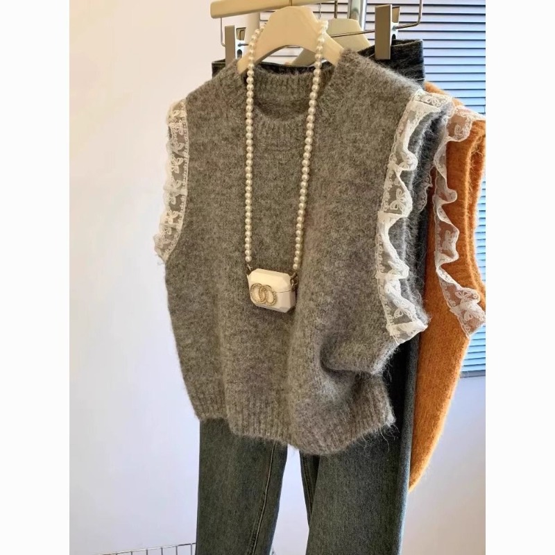 Winter Clothing Wholesale - 여성 스웨터 조끼 레트로 패치워크 레이스