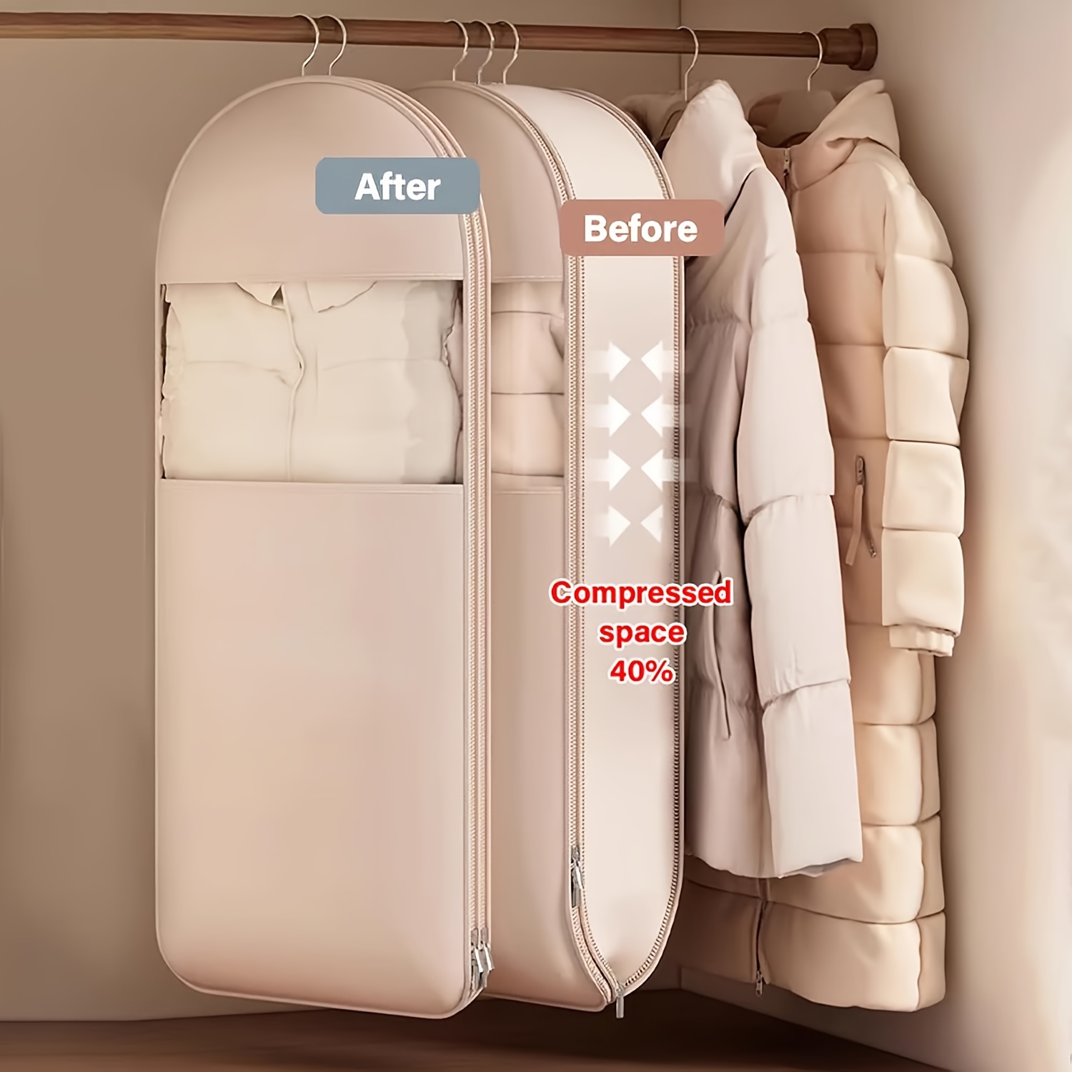 Winter Clothing Organizer - 베이지색 압축 보관백, 40% 공간 절약