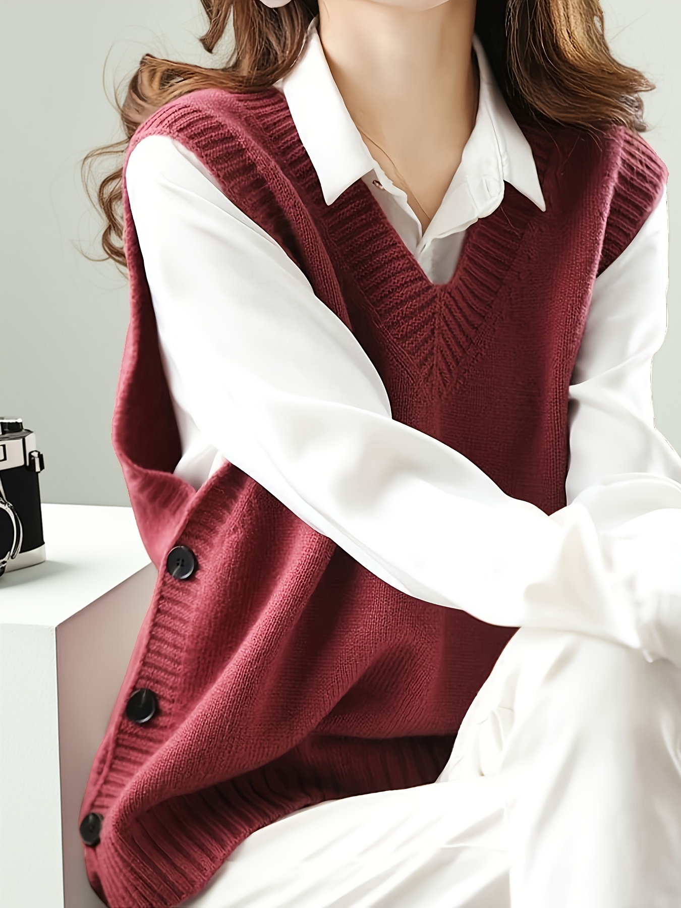 여성용 가을 겨울 V넥 솔리드 컬러 니트 스웨터 베스트 - Winter Clothing Wholesale 리뷰 및 가격