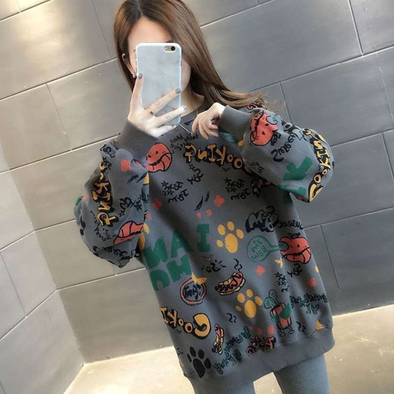 캐주얼 프린트 루즈핏 여성 스웨트셔츠 Y2K 빈티지 한 - Winter Clothing Essentials For Women 리뷰 및 가격