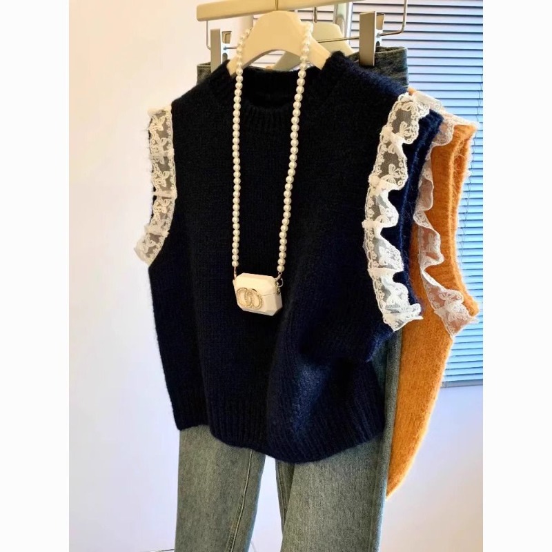 여성 스웨터 조끼 레트로 패치워크 레이스 니트 솔리드  - Winter Clothing Wholesale 리뷰 및 가격