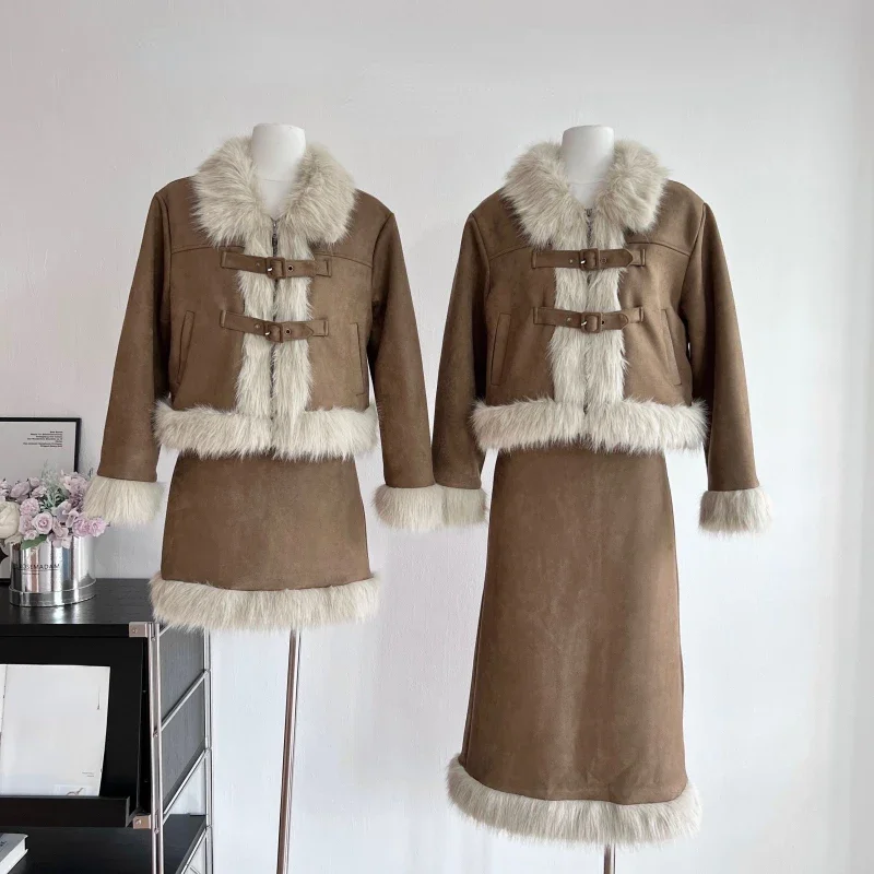 가을 레트로 인조 모피 투피스 스커트 세트 여성 캐주얼 - Winter Clothing Sale 리뷰 및 가격
